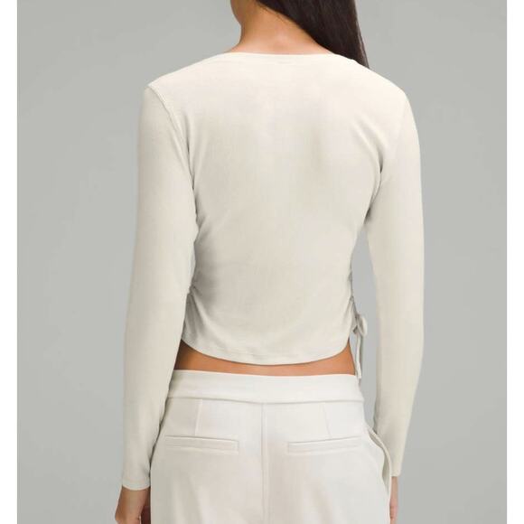 Lululemon Side-Cinch Ribbed Cardigan Bone Size 4 Long Sleeve Minimalist Cropped - Picture 3 of 10